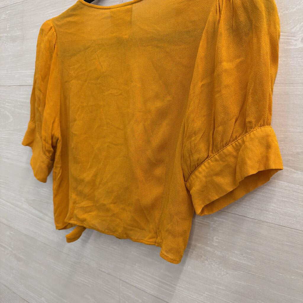 Farm Rio Marigold Cropped Tie Front Short Puff Sleeve Top Small