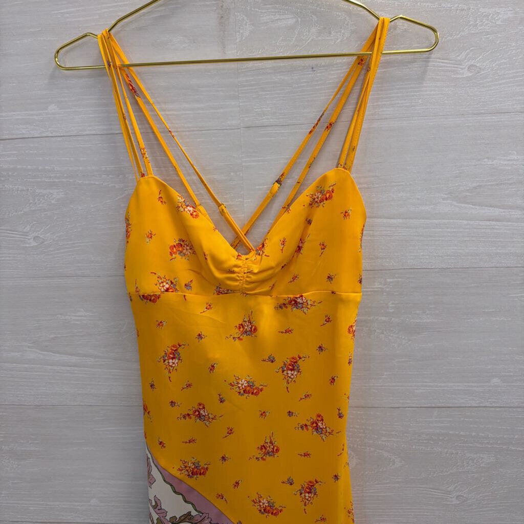 Urban Outfitters Yellow/ Multi Print Silky Midi Dress Medium