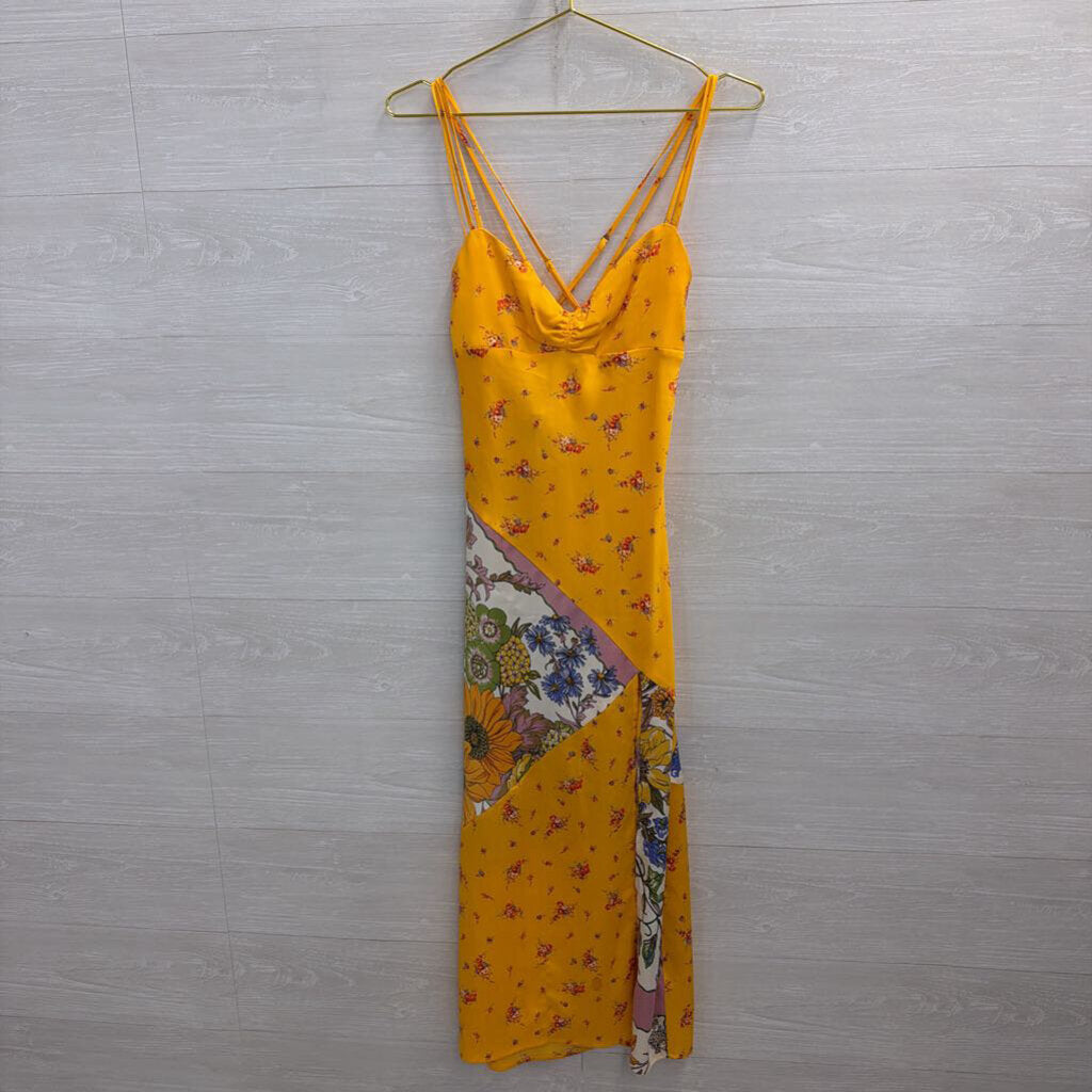 Urban Outfitters Yellow/ Multi Print Silky Midi Dress Medium