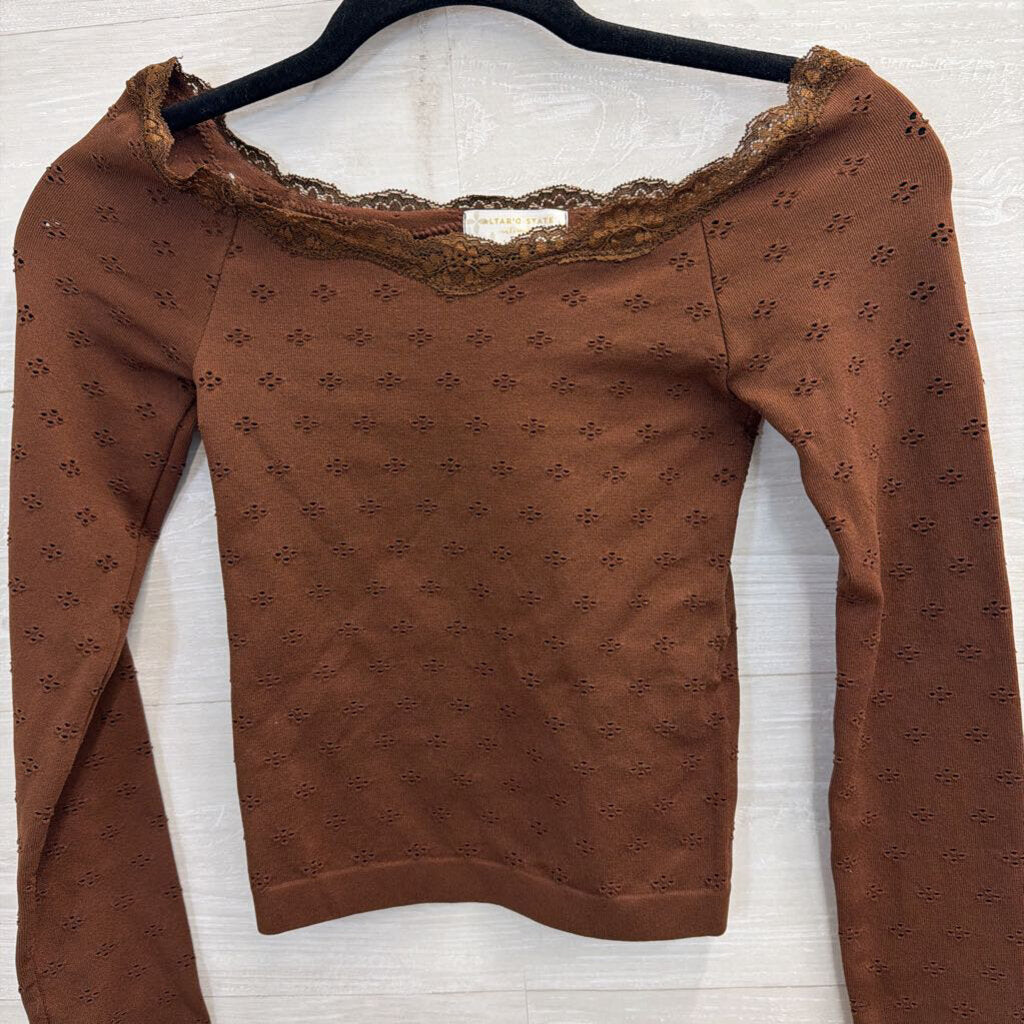 Altar'd State Brown Dot Detail Lace Trim Off Shoulder Long Sleeve Top S/M