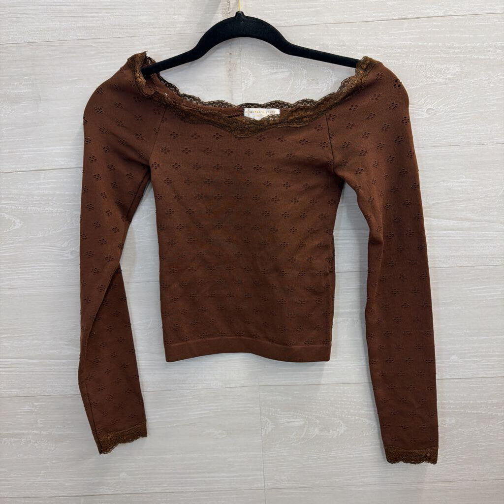Altar'd State Brown Dot Detail Lace Trim Off Shoulder Long Sleeve Top S/M