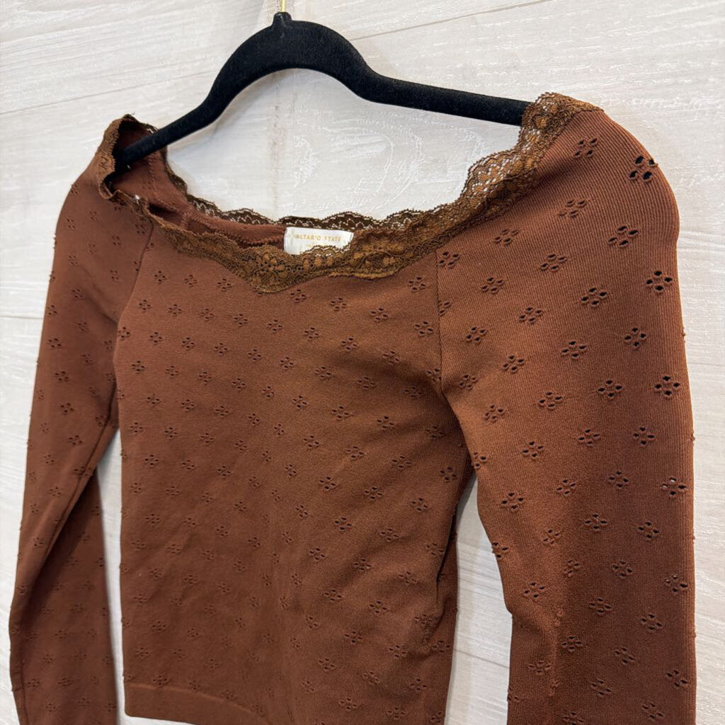 Altar'd State Brown Dot Detail Lace Trim Off Shoulder Long Sleeve Top S/M