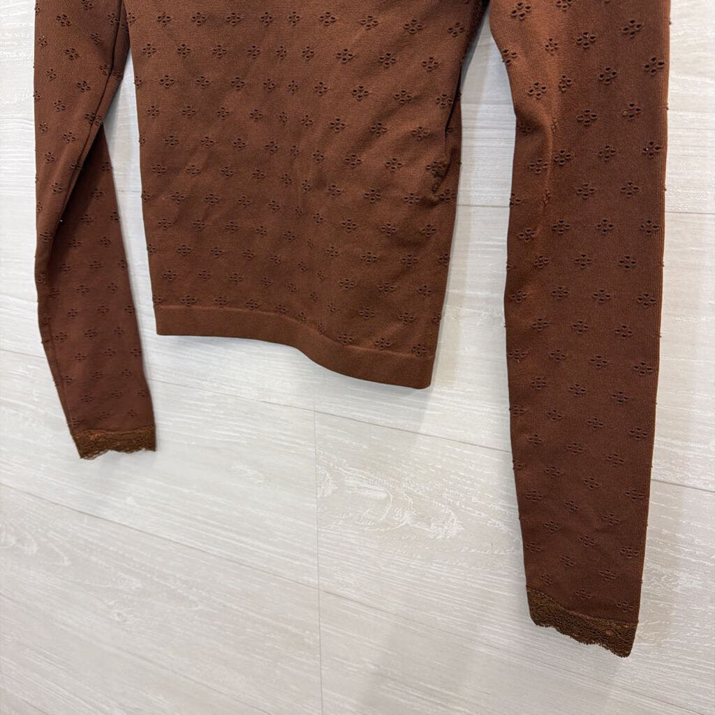 Altar'd State Brown Dot Detail Lace Trim Off Shoulder Long Sleeve Top S/M