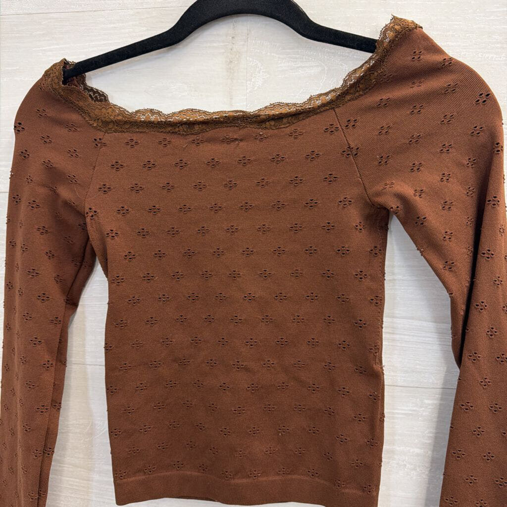 Altar'd State Brown Dot Detail Lace Trim Off Shoulder Long Sleeve Top S/M