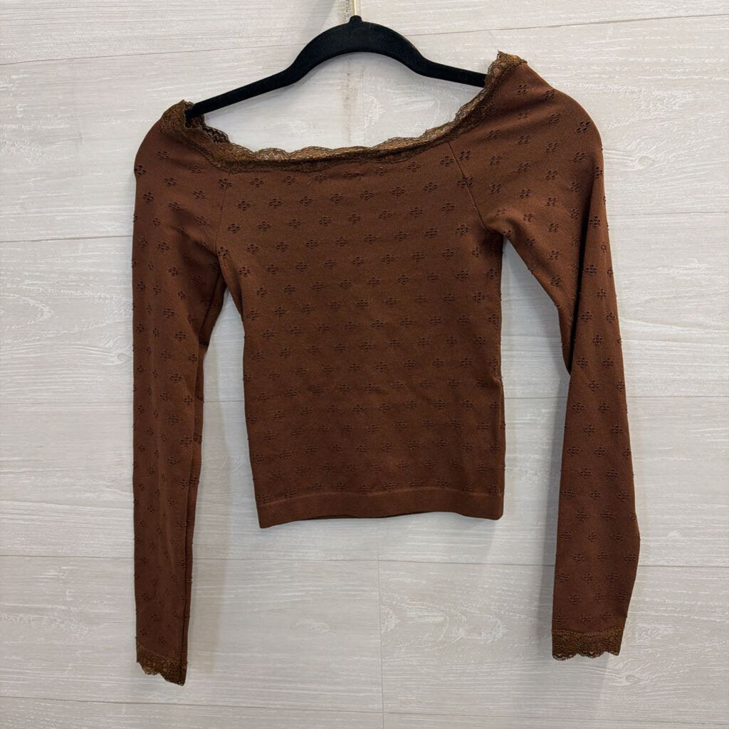 Altar'd State Brown Dot Detail Lace Trim Off Shoulder Long Sleeve Top S/M