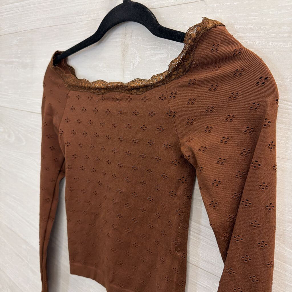Altar'd State Brown Dot Detail Lace Trim Off Shoulder Long Sleeve Top S/M