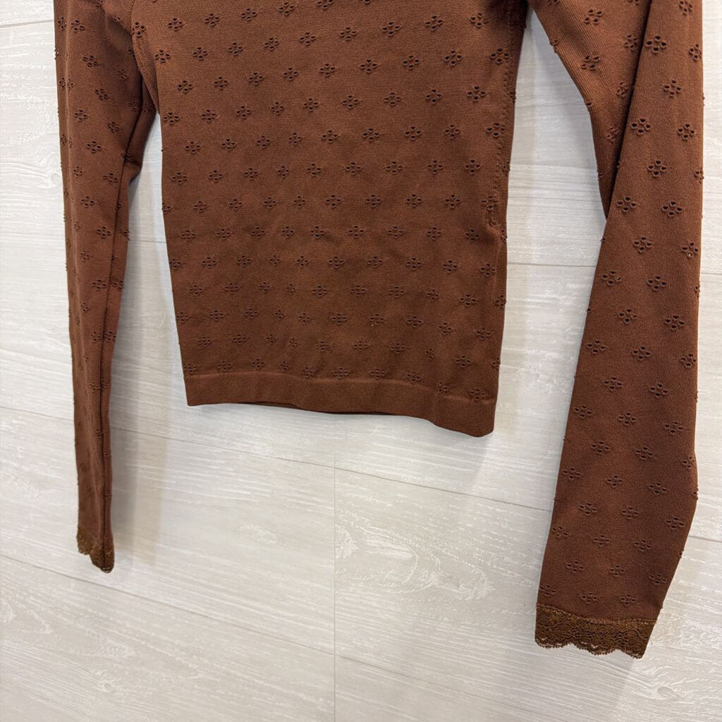 Altar'd State Brown Dot Detail Lace Trim Off Shoulder Long Sleeve Top S/M