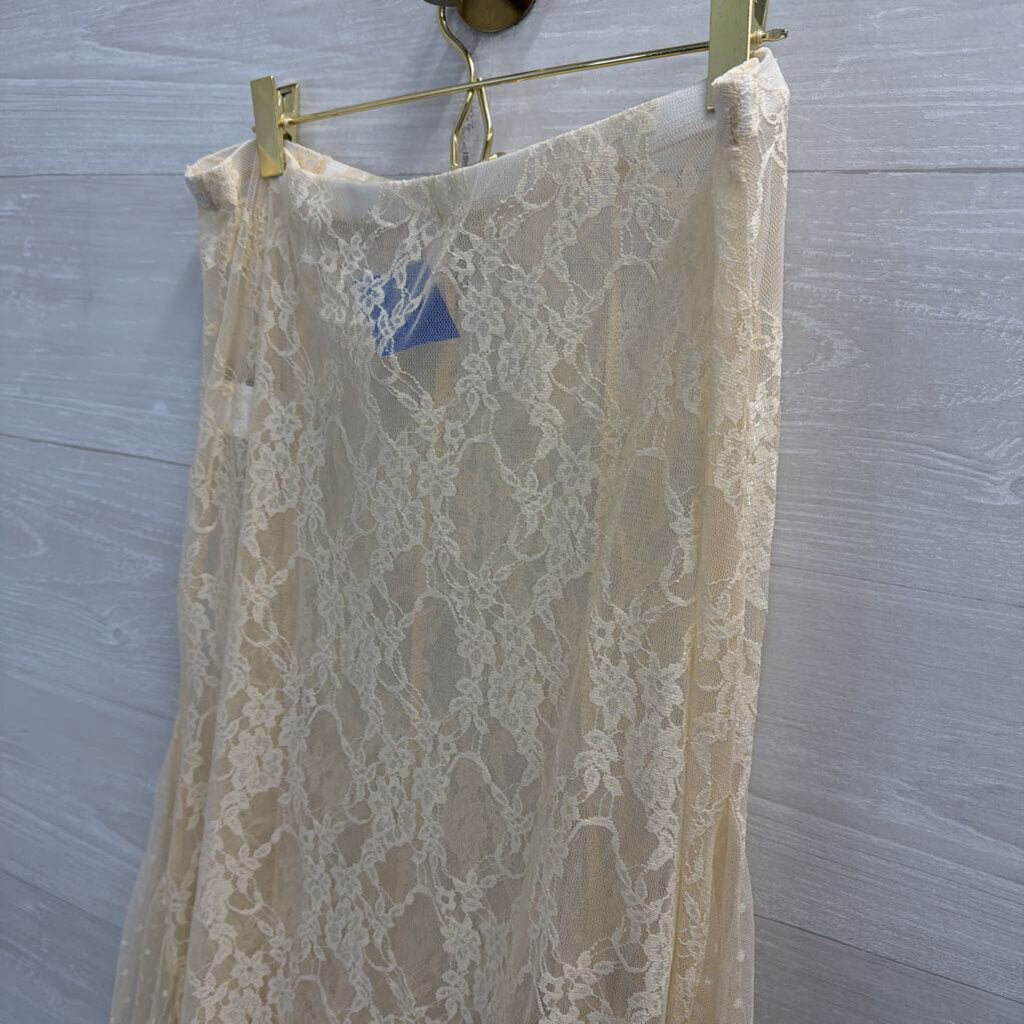 Beige Sheer Lace Maxi Skirt Medium Tall