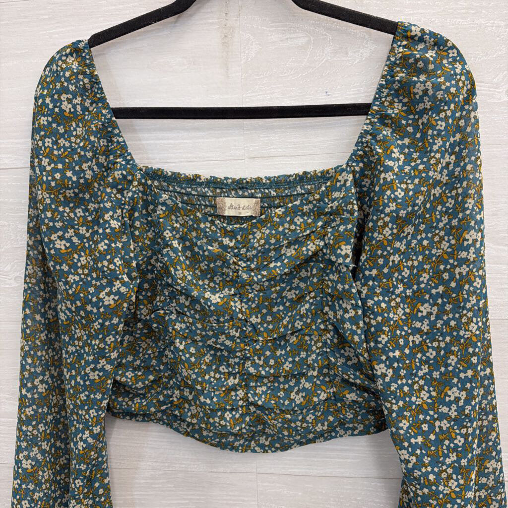Altar'd State Blue/ Multi Cropped Floral Print Long Sleeve Top Medium