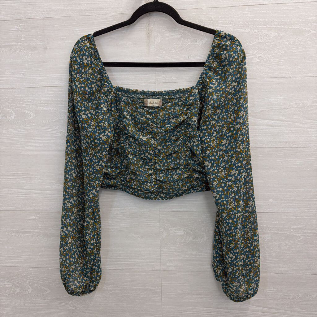 Altar'd State Blue/ Multi Cropped Floral Print Long Sleeve Top Medium