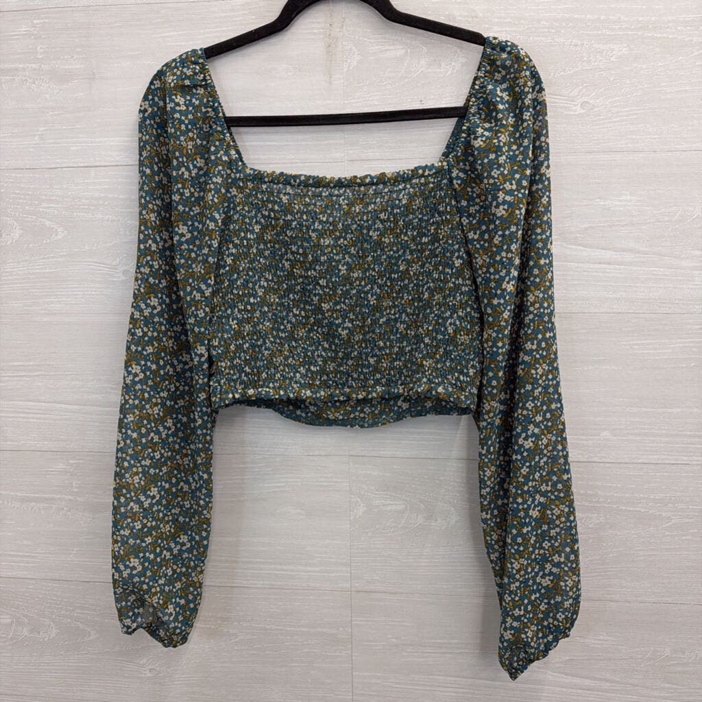 Altar'd State Blue/ Multi Cropped Floral Print Long Sleeve Top Medium