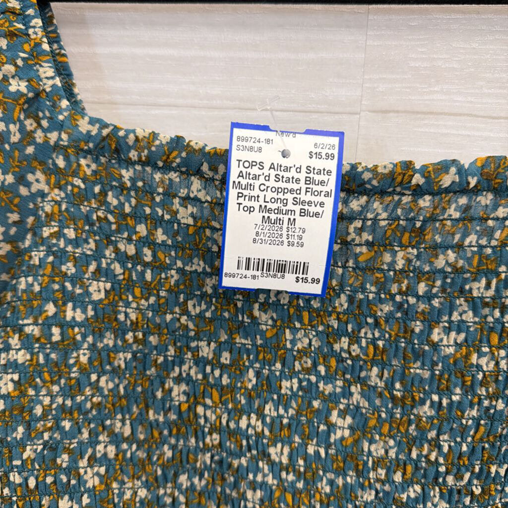 Altar'd State Blue/ Multi Cropped Floral Print Long Sleeve Top Medium