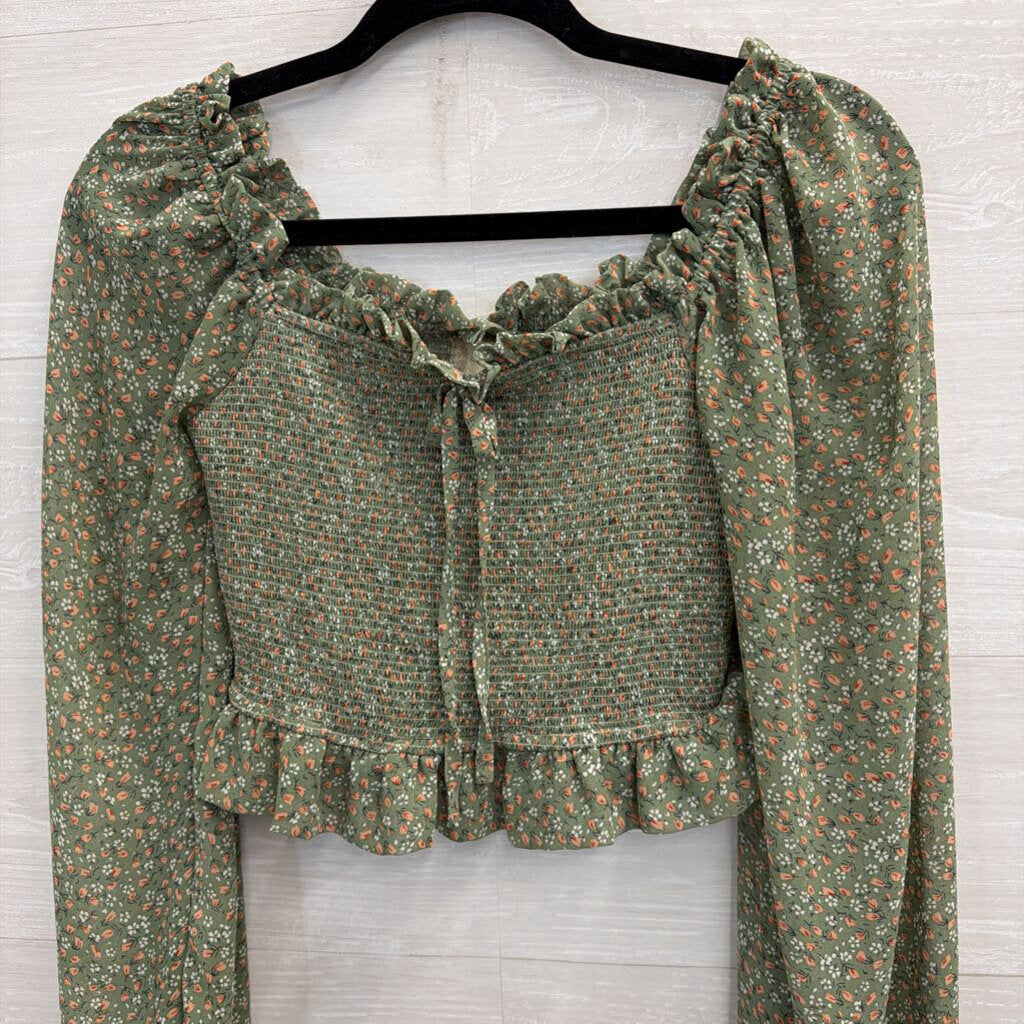 Altar'd State Green/ Multi Cropped Floral Print Long Sleeve Top Medium