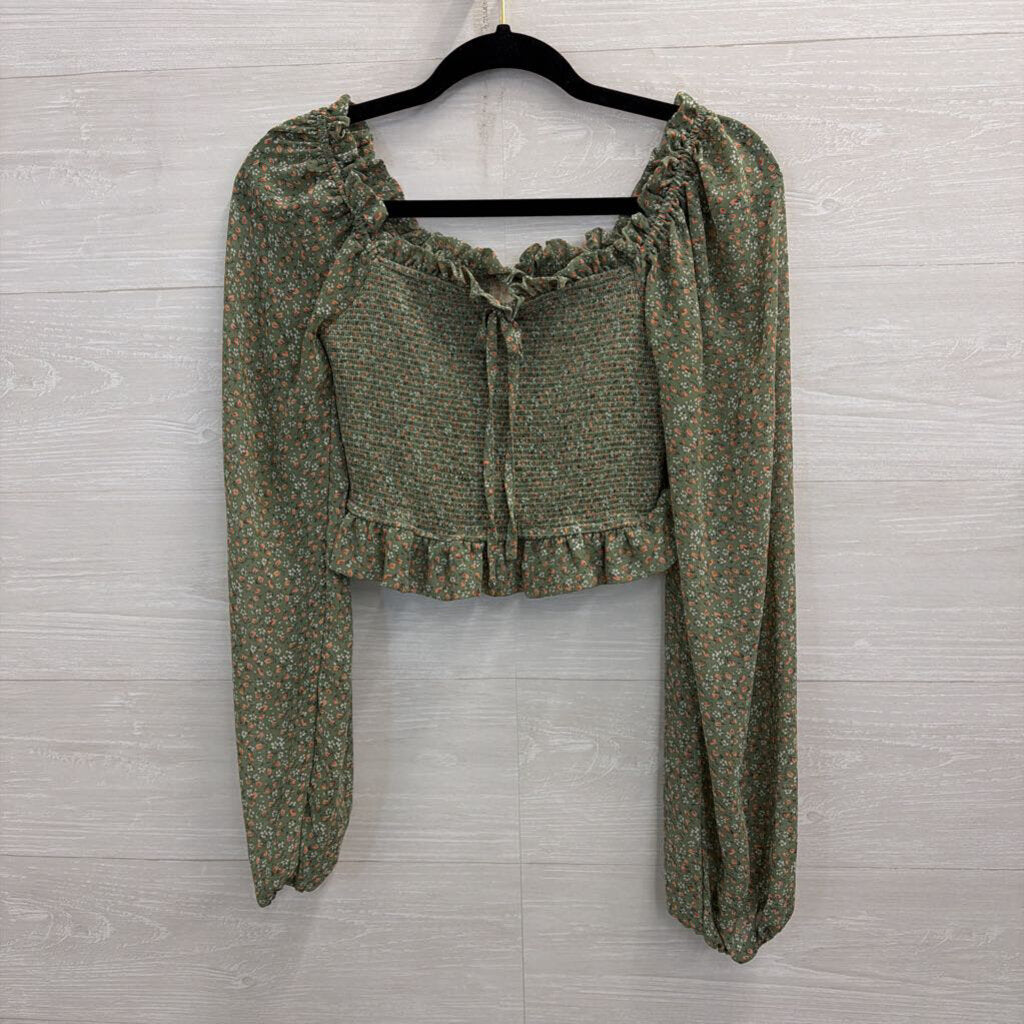 Altar'd State Green/ Multi Cropped Floral Print Long Sleeve Top Medium