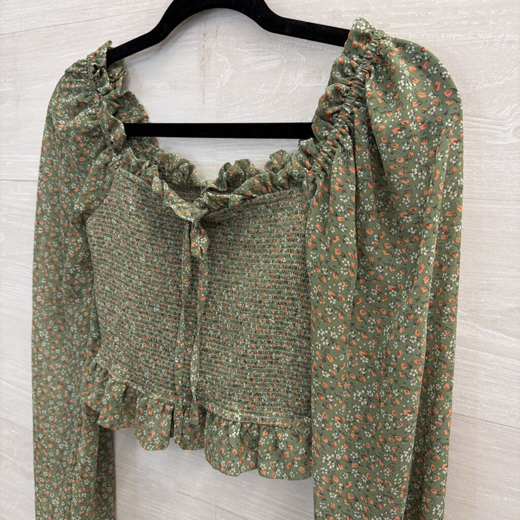 Altar'd State Green/ Multi Cropped Floral Print Long Sleeve Top Medium