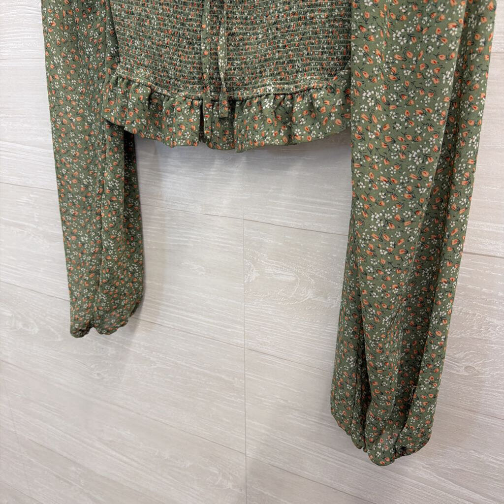 Altar'd State Green/ Multi Cropped Floral Print Long Sleeve Top Medium