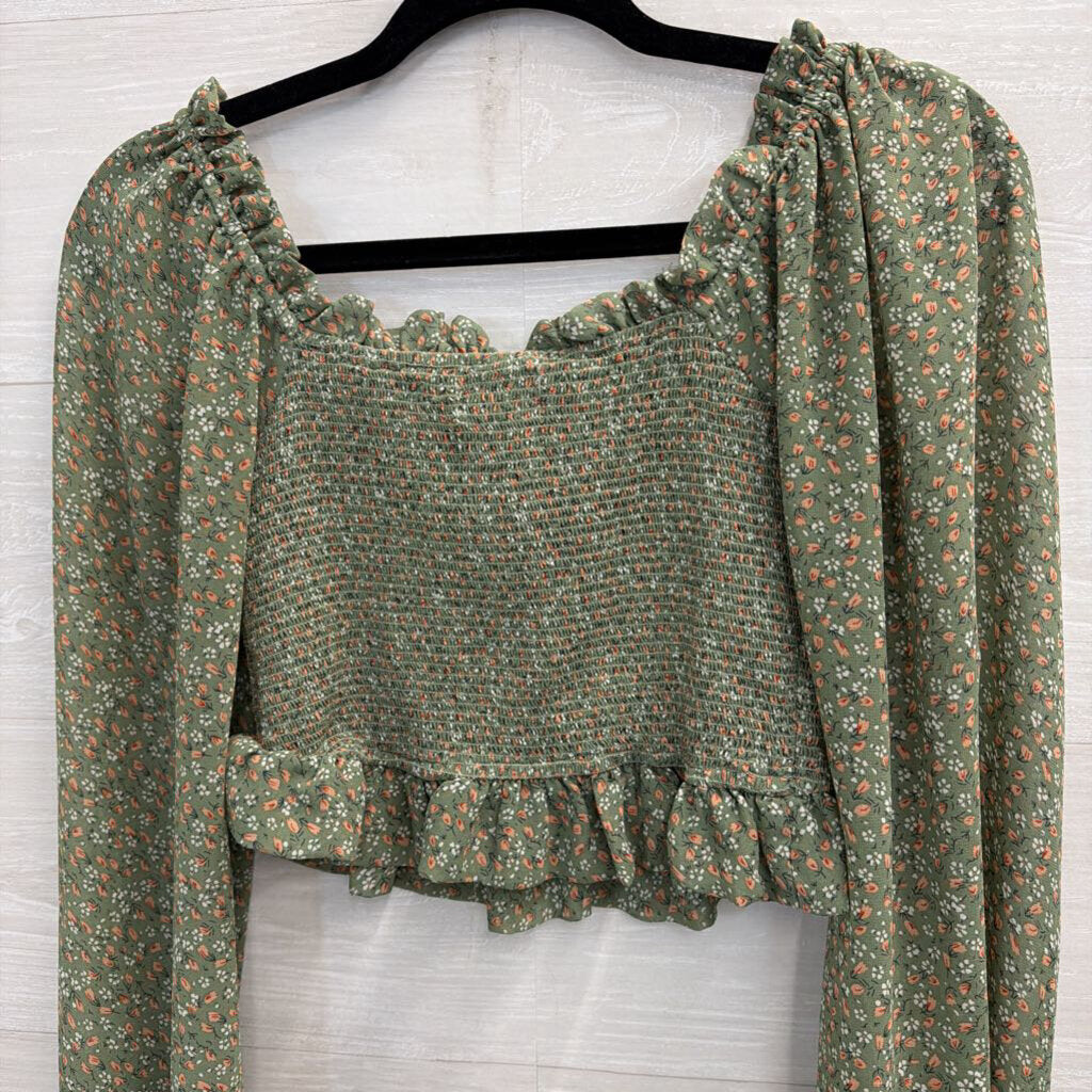 Altar'd State Green/ Multi Cropped Floral Print Long Sleeve Top Medium