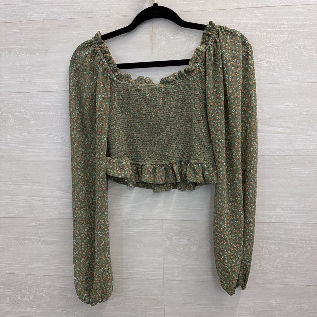 Altar'd State Green/ Multi Cropped Floral Print Long Sleeve Top Medium