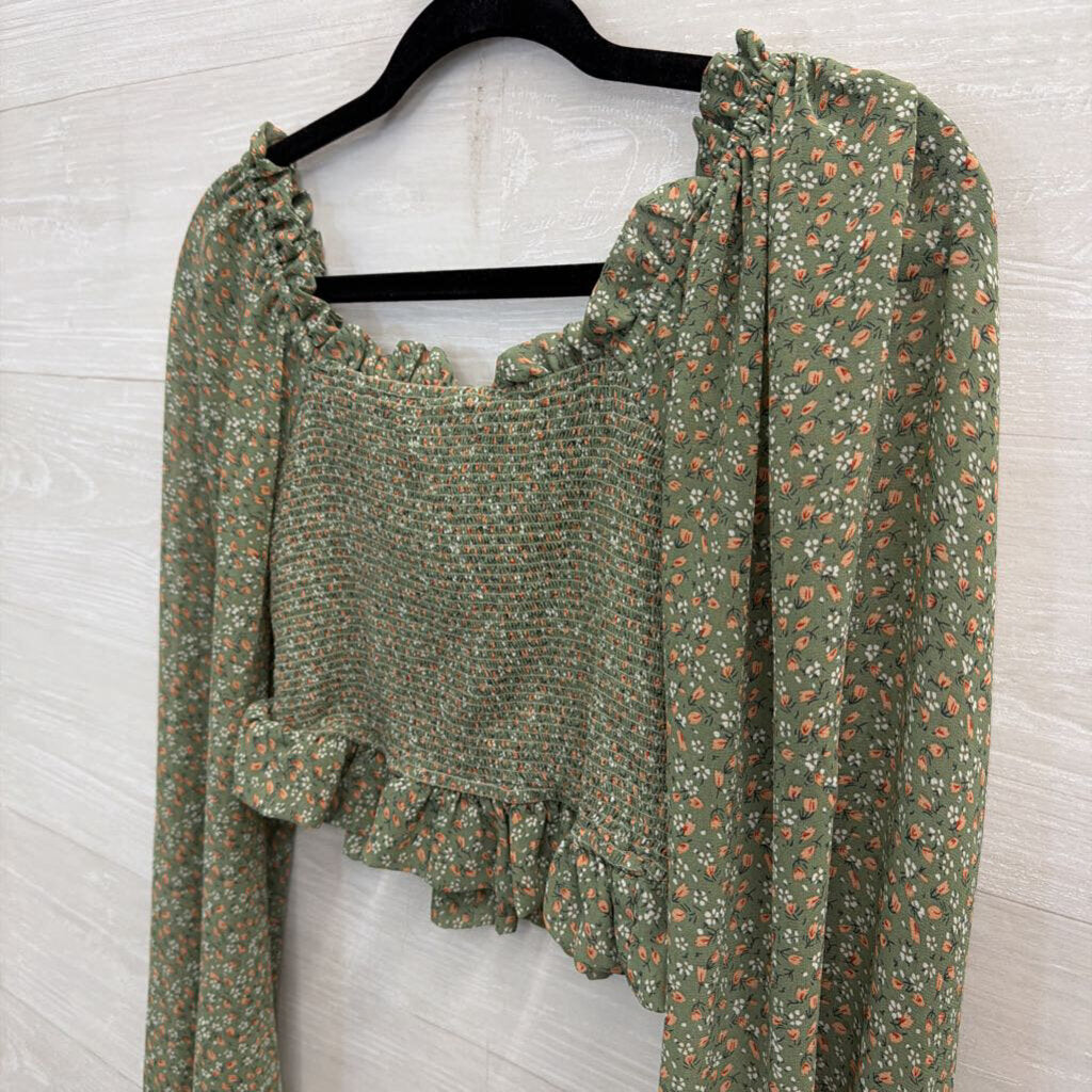 Altar'd State Green/ Multi Cropped Floral Print Long Sleeve Top Medium