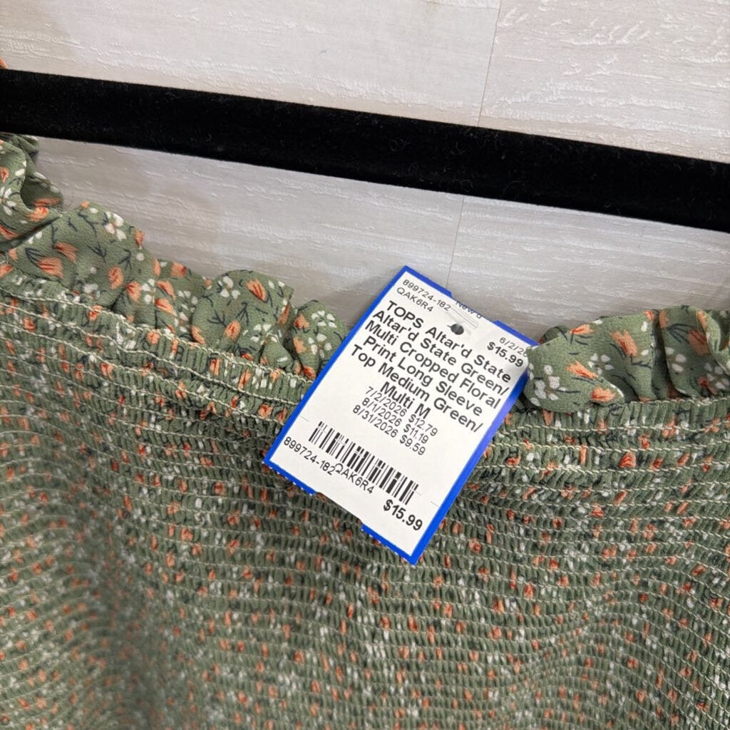 Altar'd State Green/ Multi Cropped Floral Print Long Sleeve Top Medium