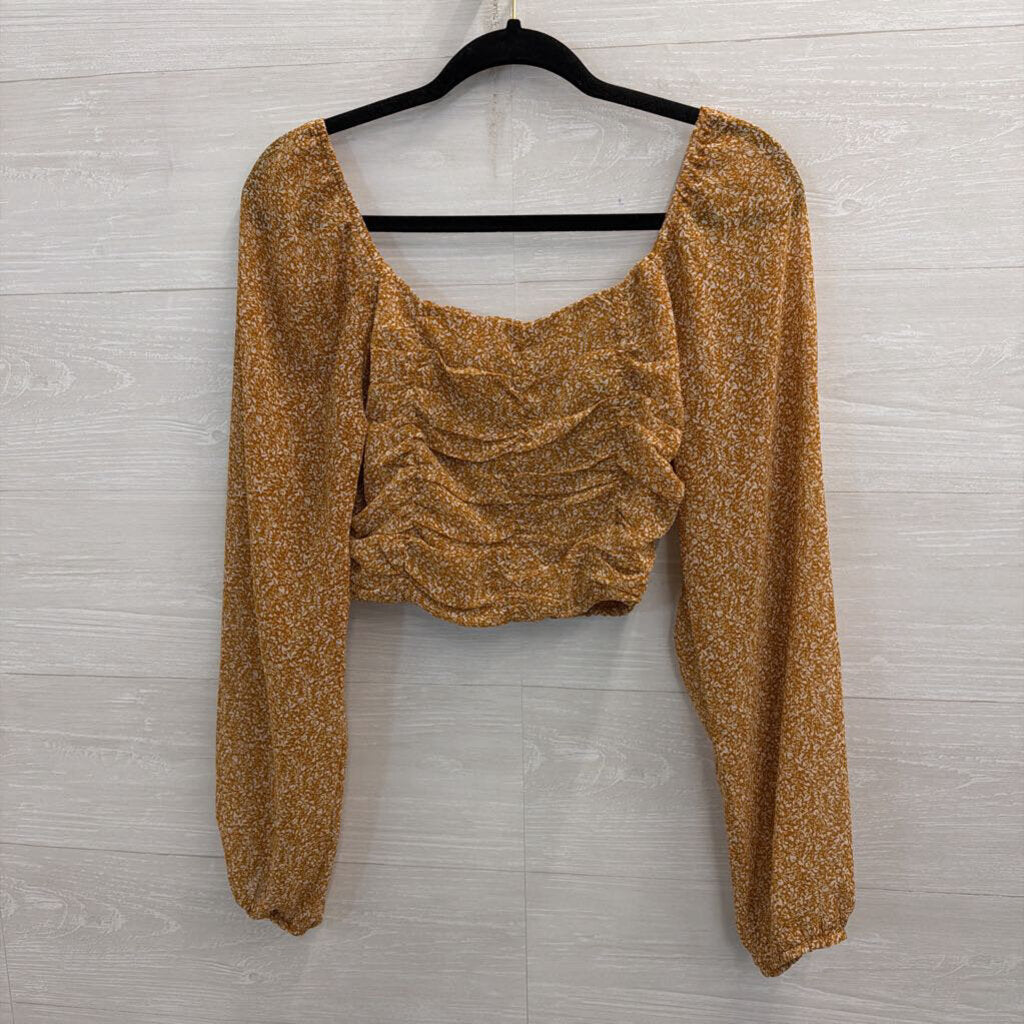 Altar'd State Brown/ White Print Cropped Long Sleeve Top Medium