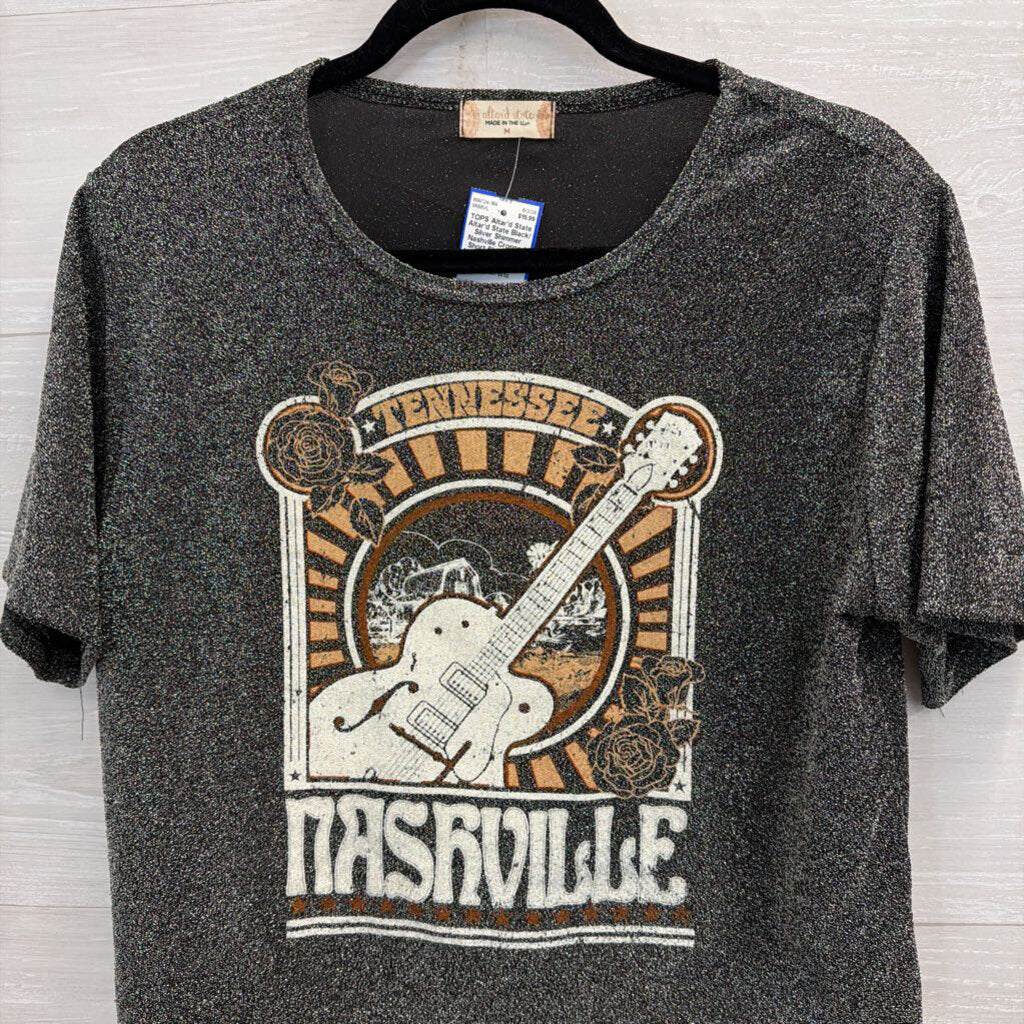 Altar'd State Black/ Silver Shimmer Nashville Cropped Short Sleeve Top Medium