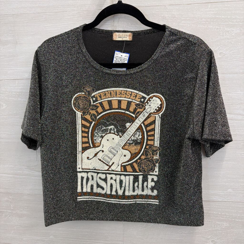 Altar'd State Black/ Silver Shimmer Nashville Cropped Short Sleeve Top Medium