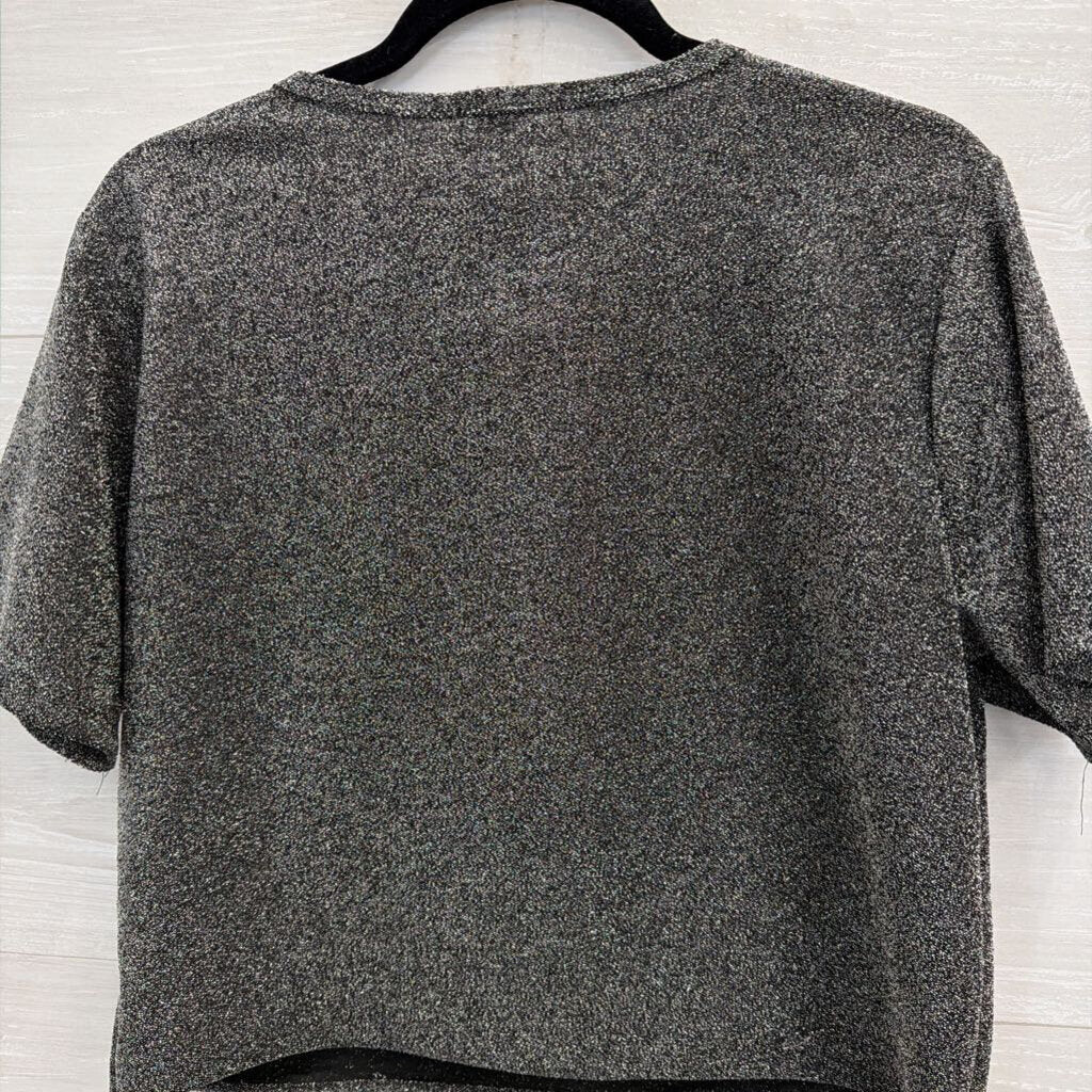 Altar'd State Black/ Silver Shimmer Nashville Cropped Short Sleeve Top Medium
