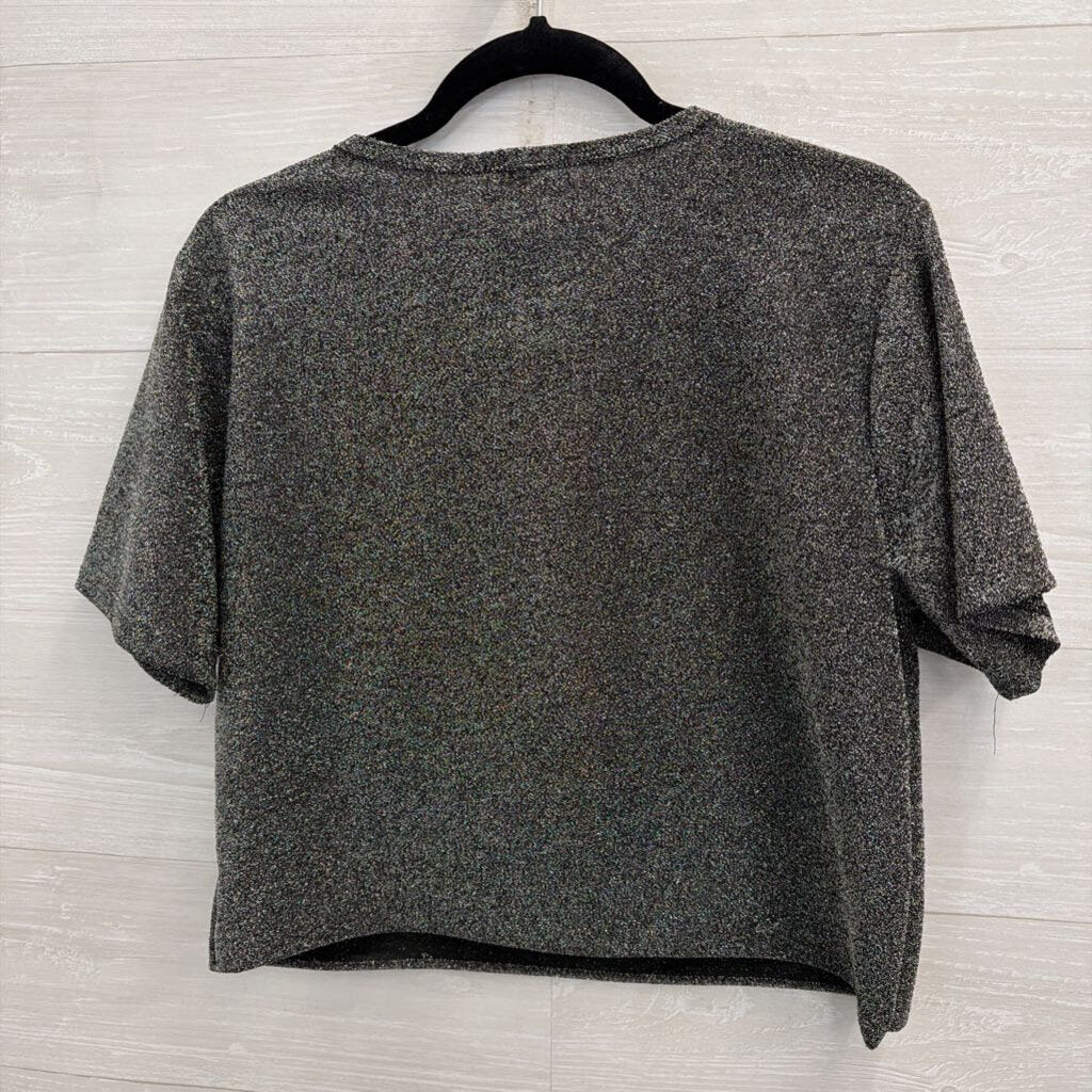 Altar'd State Black/ Silver Shimmer Nashville Cropped Short Sleeve Top Medium