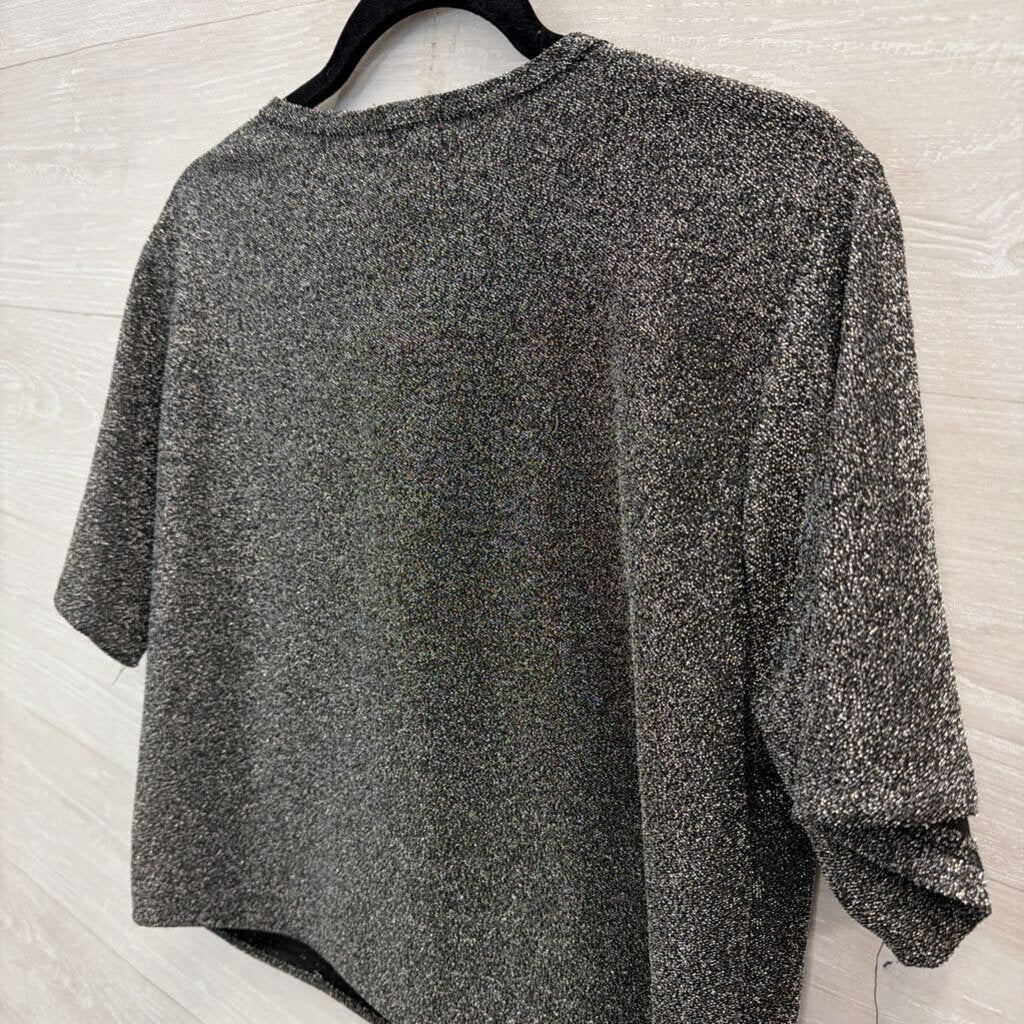Altar'd State Black/ Silver Shimmer Nashville Cropped Short Sleeve Top Medium