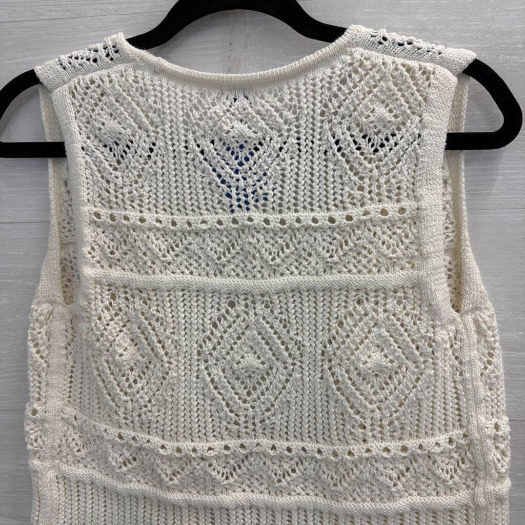 Cream Crochet Knit Cropped Sleeveless Open Front Top Small
