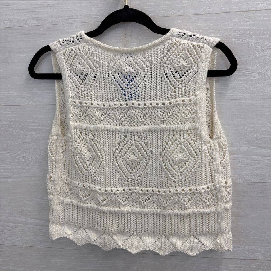 Cream Crochet Knit Cropped Sleeveless Open Front Top Small