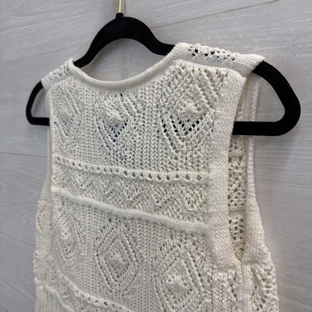 Cream Crochet Knit Cropped Sleeveless Open Front Top Small