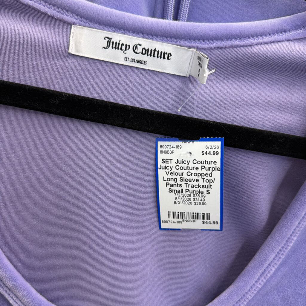 Juicy Couture Purple Velour Cropped Long Sleeve Top/ Pants Tracksuit Small