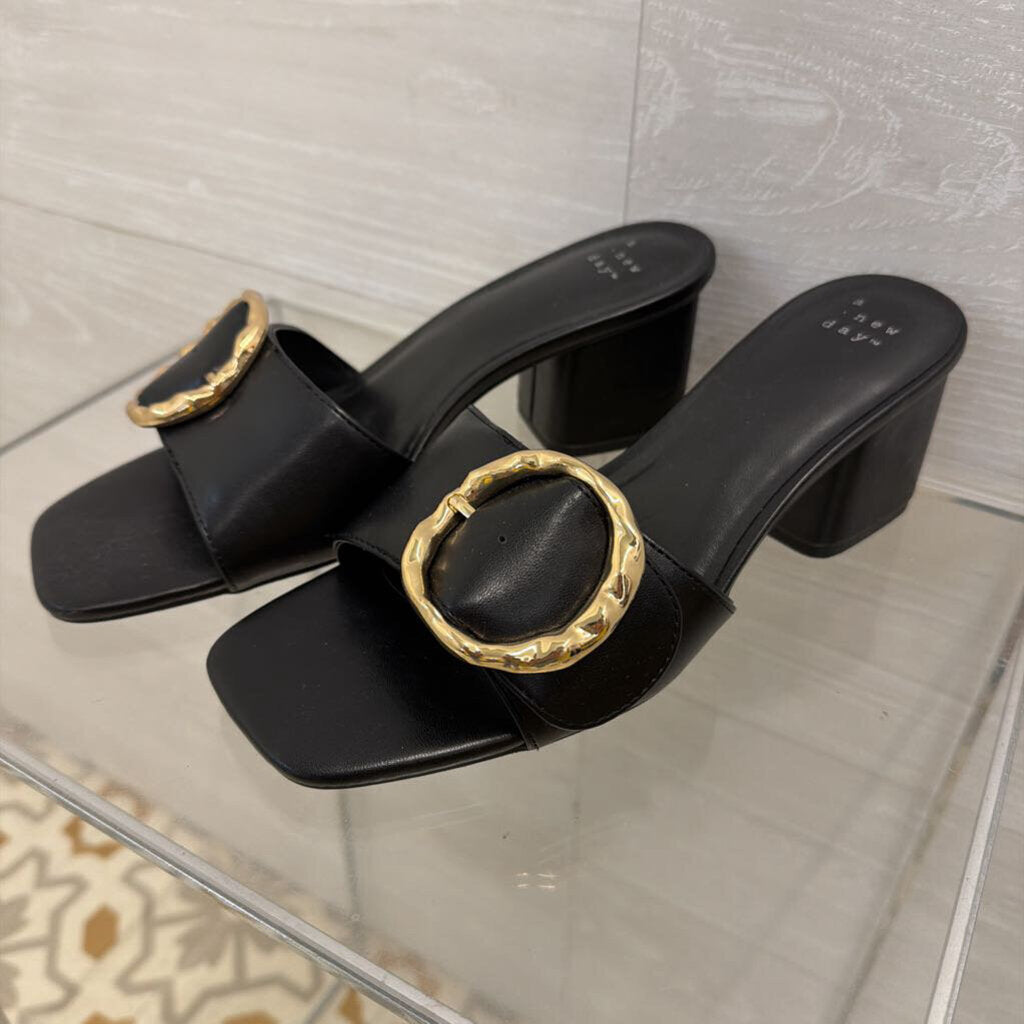 Black Leather Diana Gold Buckle Mule Heels 8