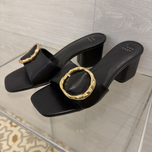 Black Leather Diana Gold Buckle Mule Heels 8