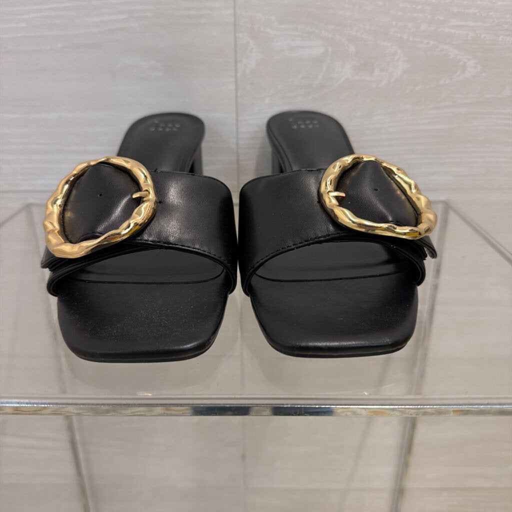 Black Leather Diana Gold Buckle Mule Heels 8
