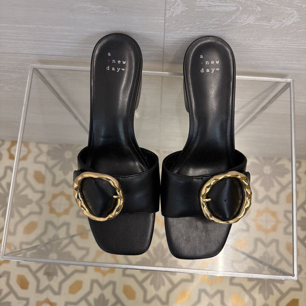 Black Leather Diana Gold Buckle Mule Heels 8