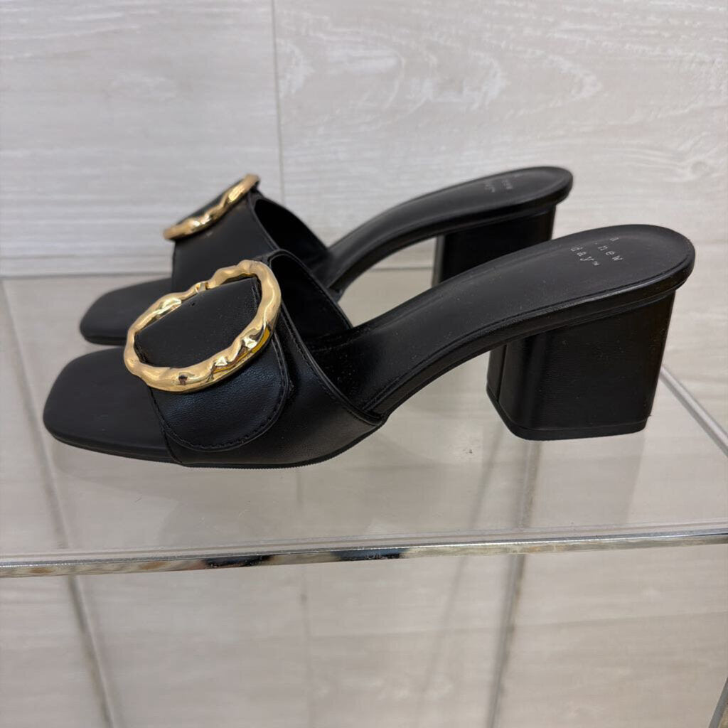 Black Leather Diana Gold Buckle Mule Heels 8