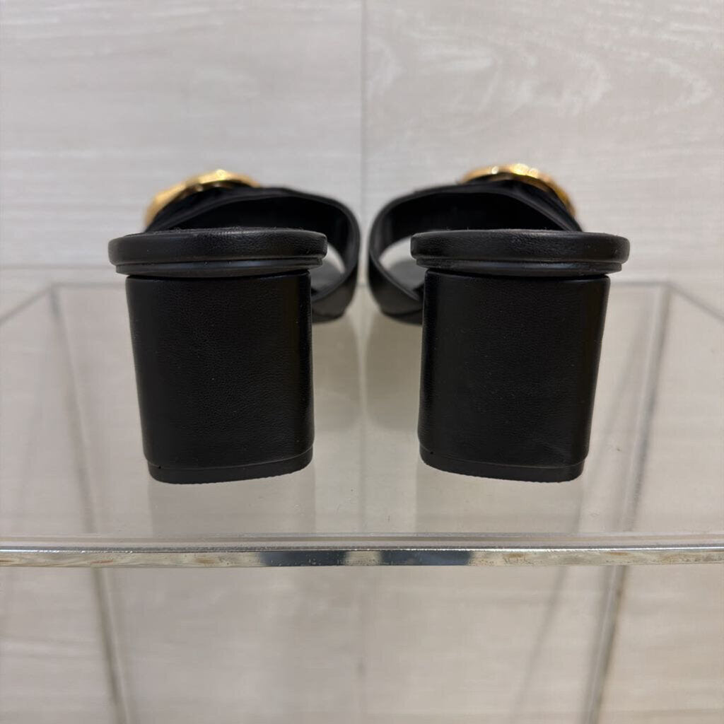 Black Leather Diana Gold Buckle Mule Heels 8