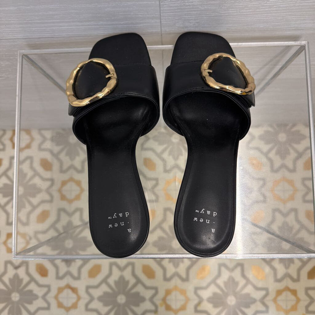 Black Leather Diana Gold Buckle Mule Heels 8