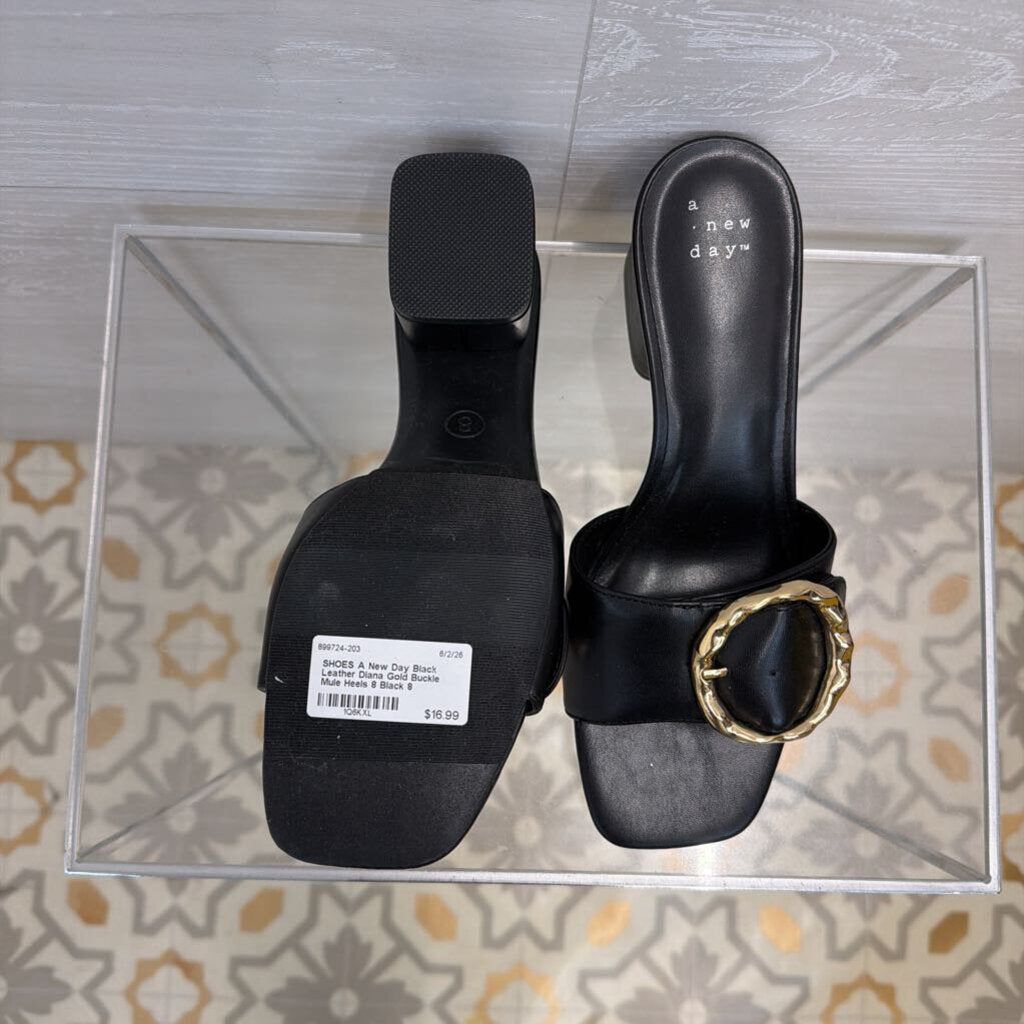 Black Leather Diana Gold Buckle Mule Heels 8
