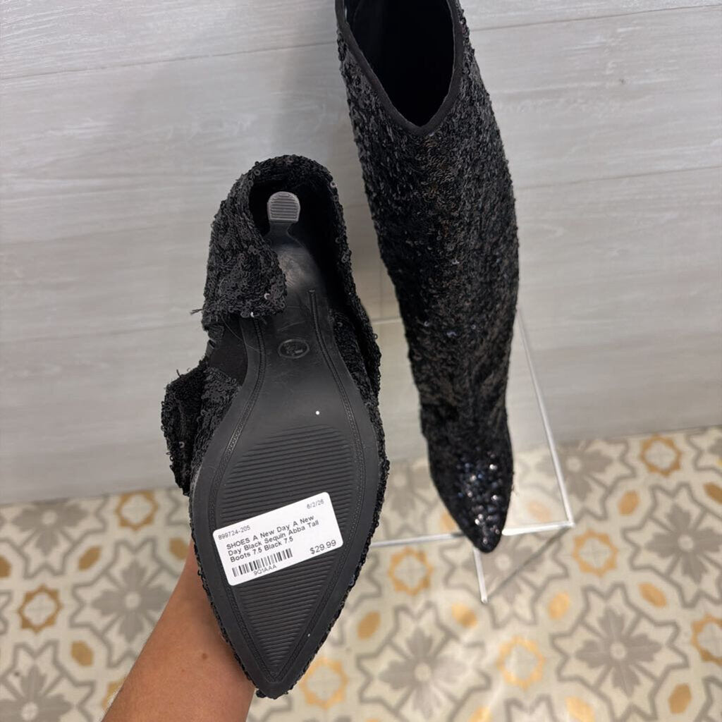 A New Day Black Sequin Abba Tall Boots 7.5