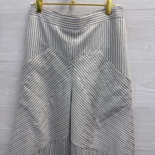 Ozai N Ku White/ Grey Metallic Striped Wide Leg Pull On Pants Medium