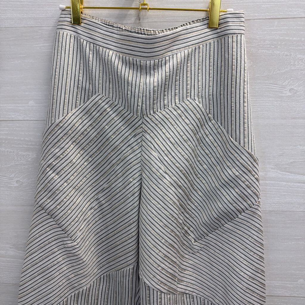 Ozai N Ku White/ Grey Metallic Striped Wide Leg Pull On Pants Medium
