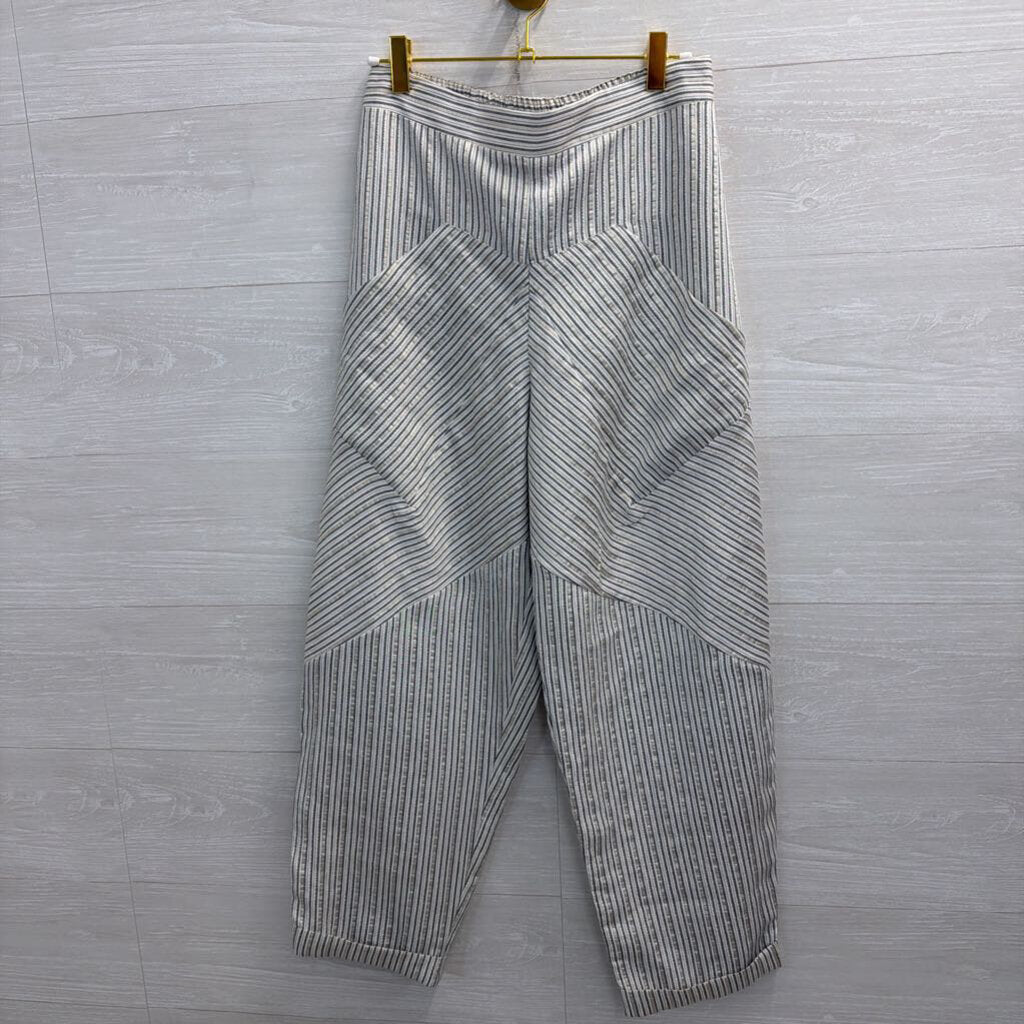 Ozai N Ku White/ Grey Metallic Striped Wide Leg Pull On Pants Medium