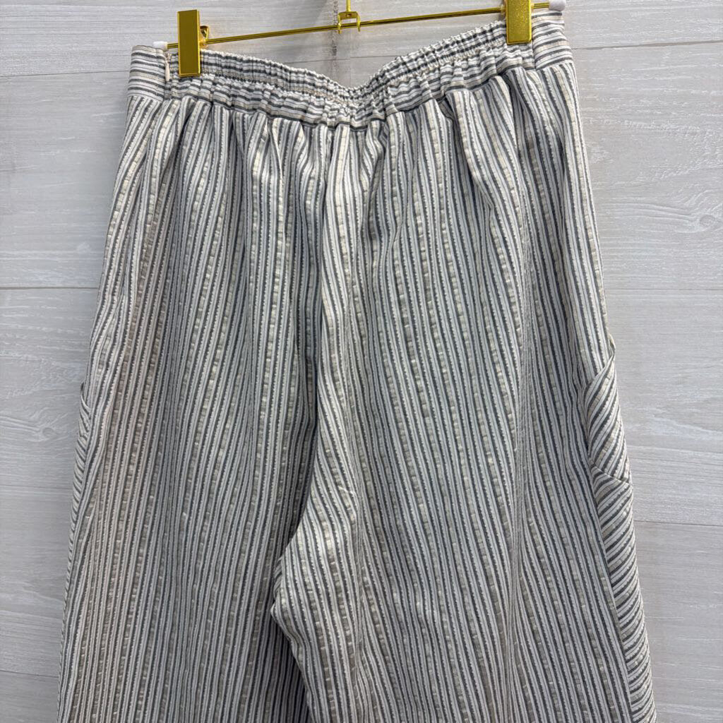Ozai N Ku White/ Grey Metallic Striped Wide Leg Pull On Pants Medium