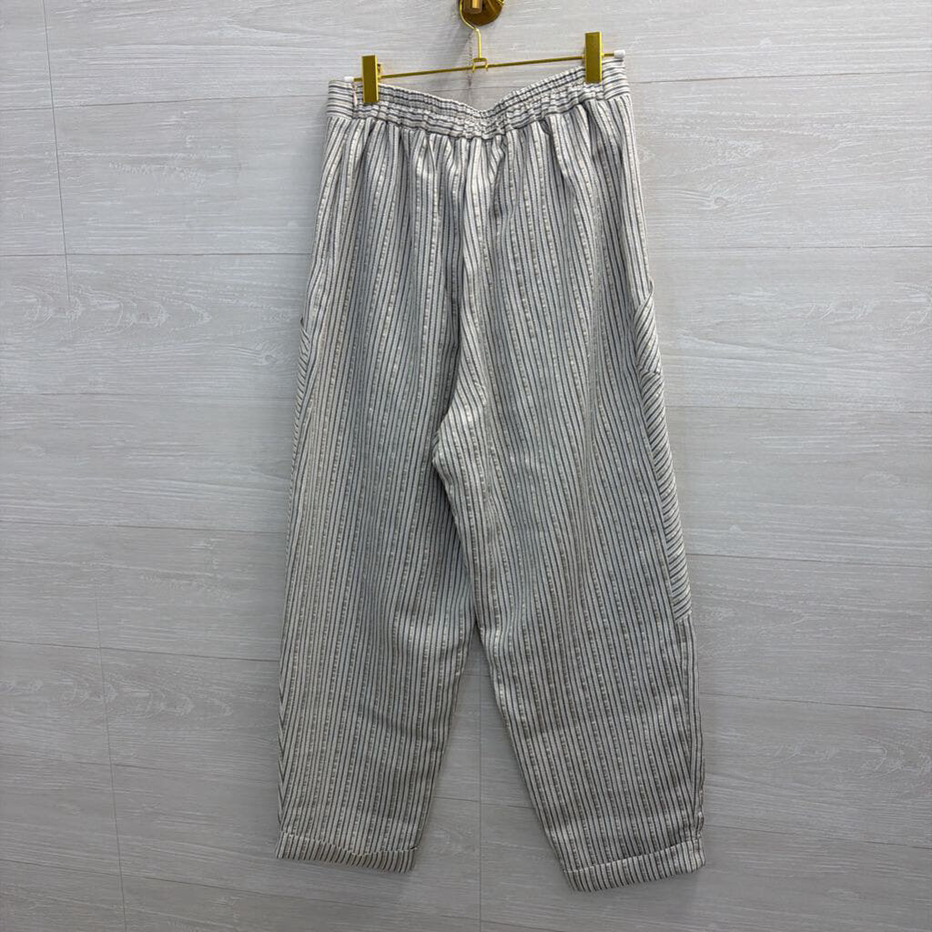 Ozai N Ku White/ Grey Metallic Striped Wide Leg Pull On Pants Medium