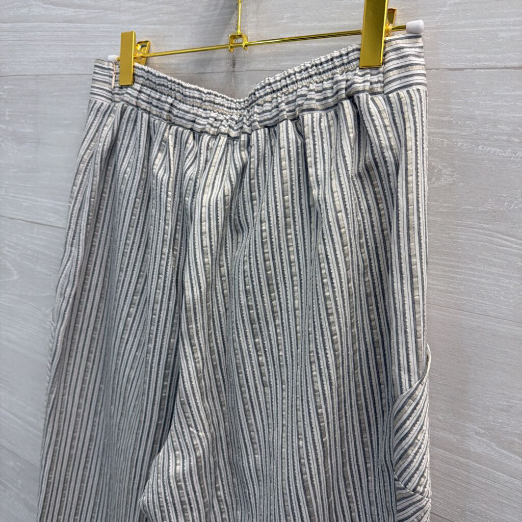 Ozai N Ku White/ Grey Metallic Striped Wide Leg Pull On Pants Medium
