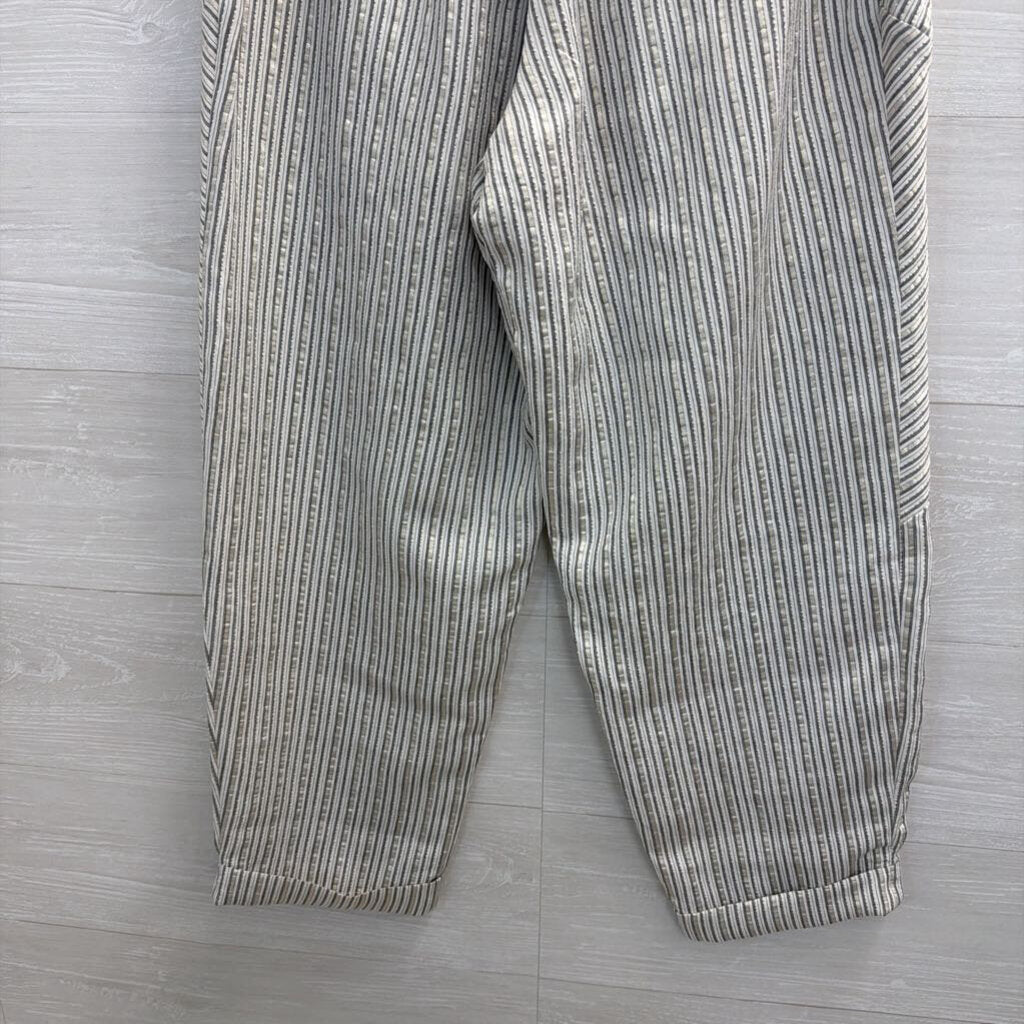 Ozai N Ku White/ Grey Metallic Striped Wide Leg Pull On Pants Medium